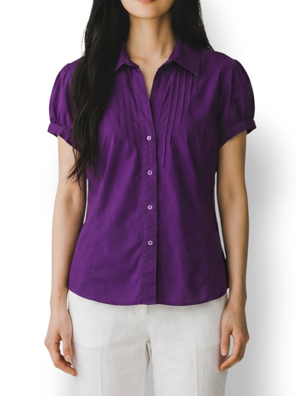 4/$20 Ambiance Apparel Purple Pintuck Puff Sleeve Button Front Blouse Large